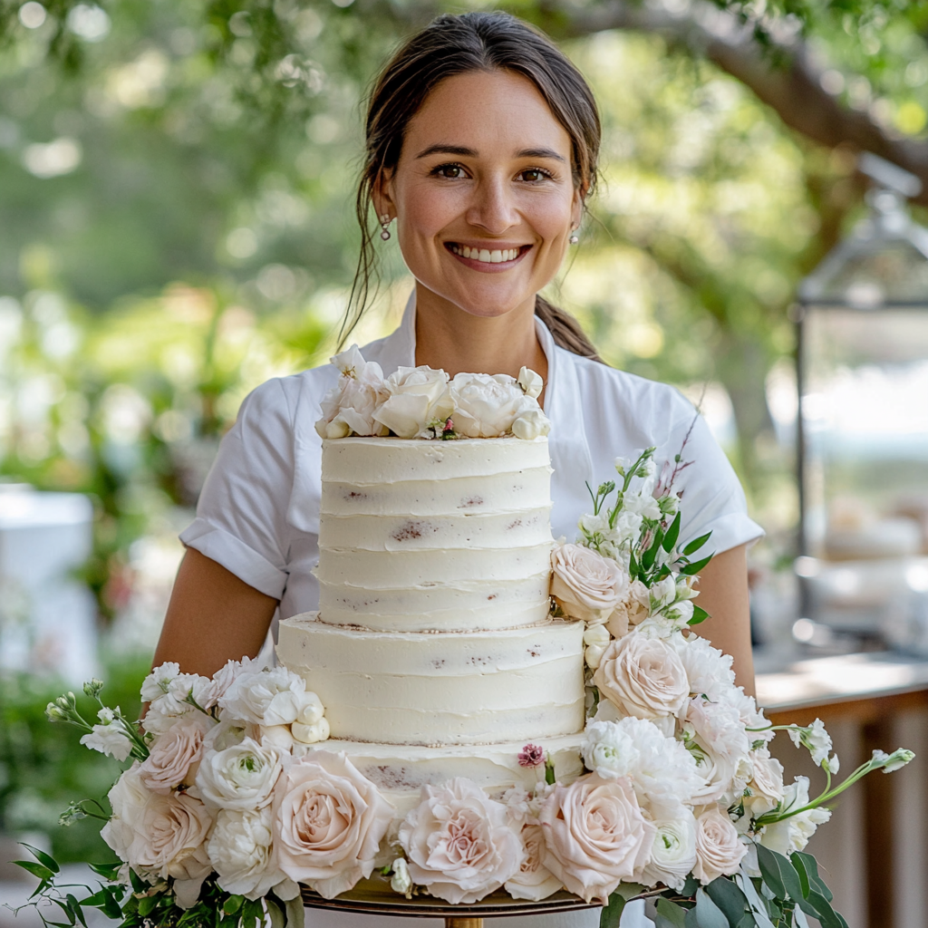 A baker holding her custom-made cake